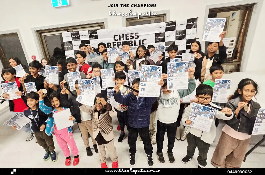 Young chess players holding their certificates after a Chess Republic event